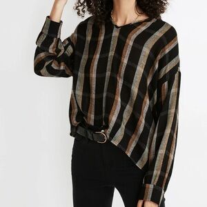 MADEWELL Highroad Popover Shirt in Lessing Plaid Black Yellow Top S
